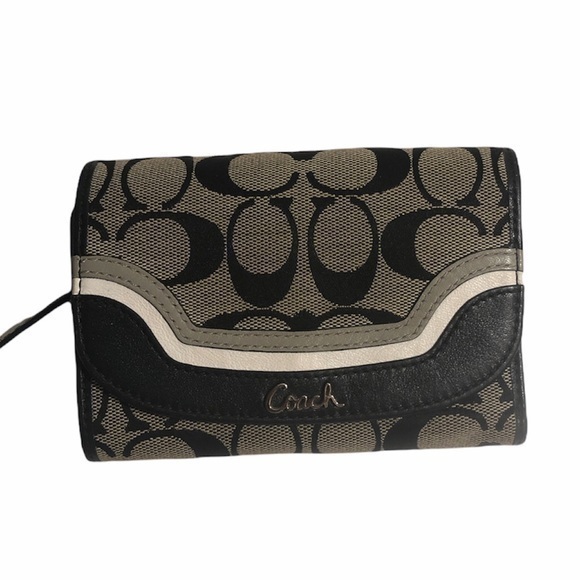 Coach black signature c striped compact wallet - Picture 1 of 13